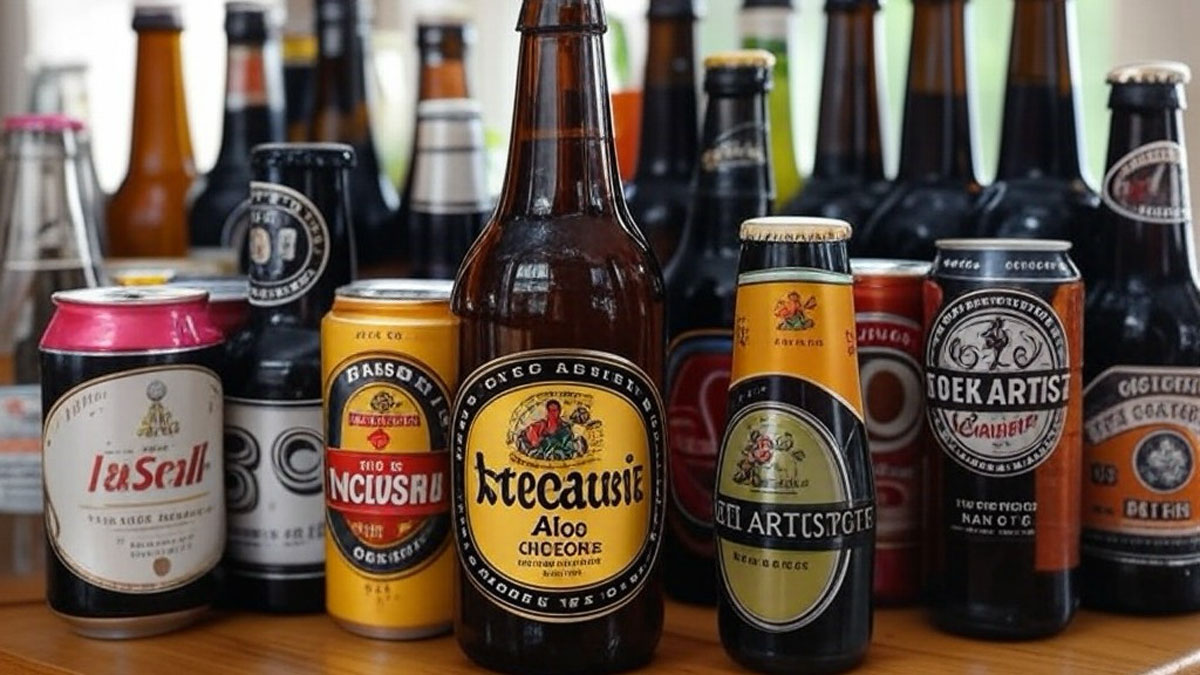 缶ビールと瓶ビール各種が並ぶ