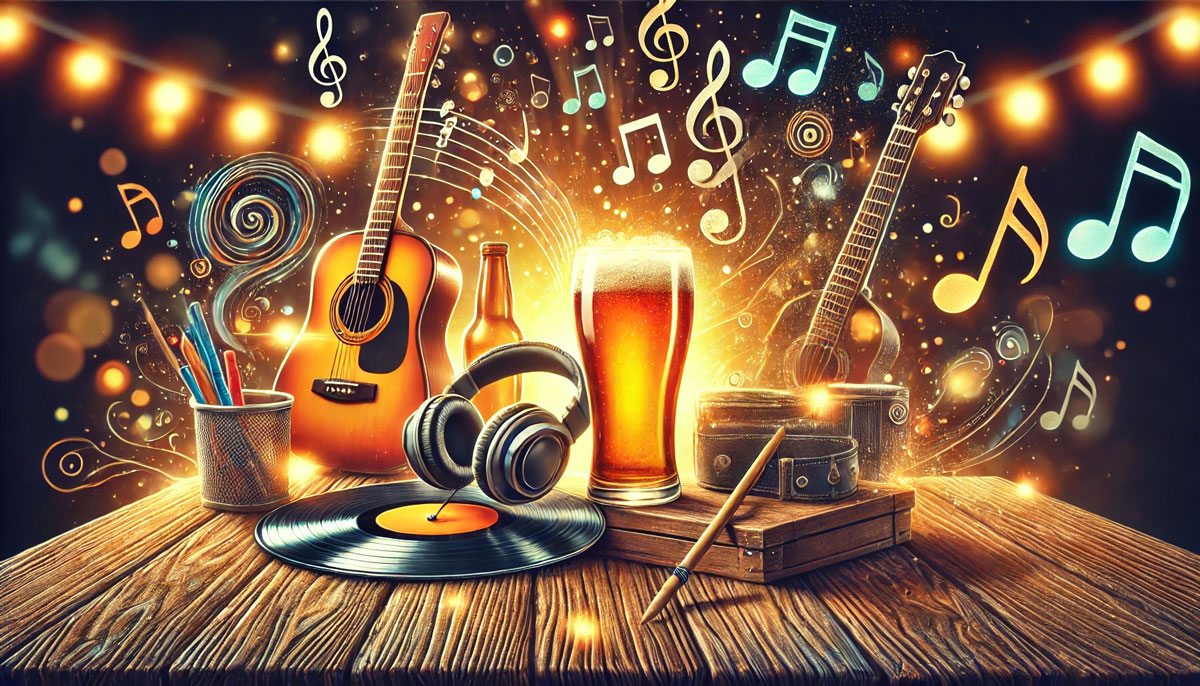 木製のテーブルの上に、ビールグラス、ヘッドフォン、レコードが並び、周囲にはギターやドラムが配置されている。背景には暖かみのある照明が灯り、空間にはカラフルな音符が浮かび、音楽とビールを楽しむ雰囲気が演出されている。