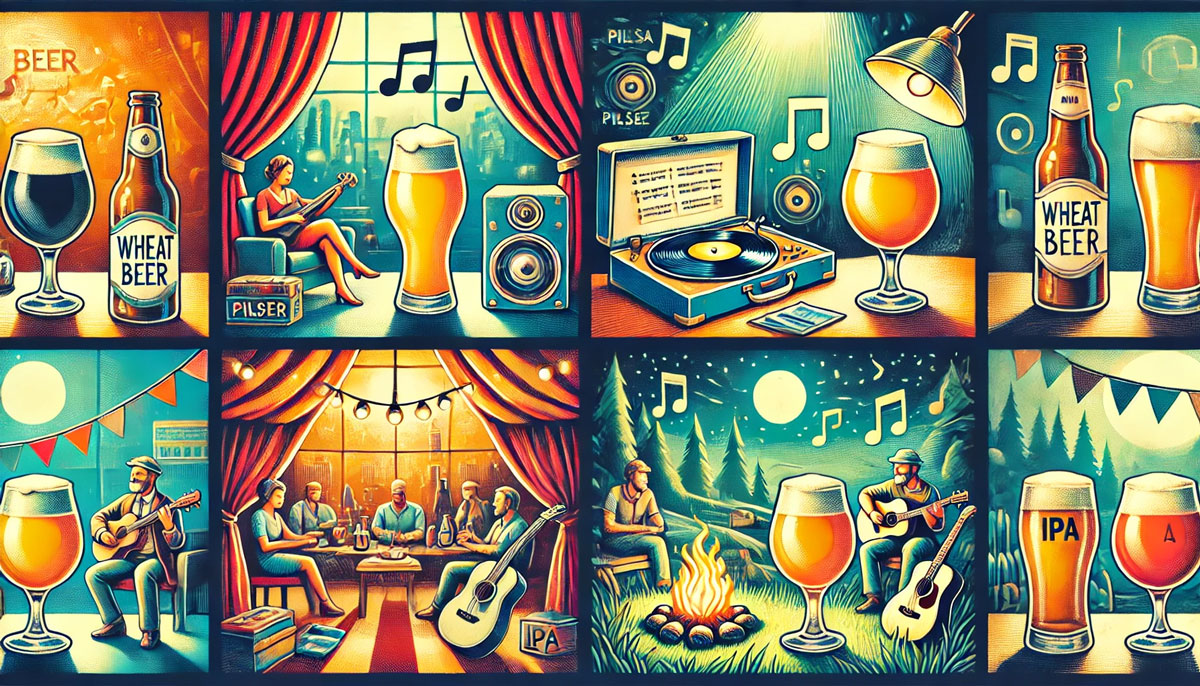 ビールと音楽を楽しむさまざまなシチュエーションを描いたイラスト。リラックスした室内でジャズとヴァイツェンを味わう場面、パーティーでピルスナーとロック音楽を楽しむ様子、クラフトビールを片手にアコースティック音楽を聴くシーン、そしてアウトドアでIPAとギターの音色に浸る雰囲気が表現されている。