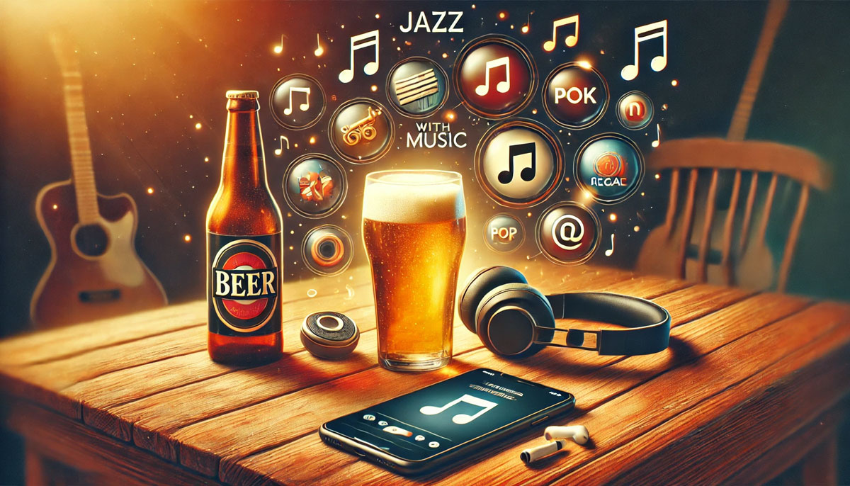 スマートフォンで音楽プレイリストを再生しながら、ビールとワイヤレスヘッドフォンが置かれた木製テーブルのシーン。周囲にはジャズ、ロック、ポップ、レゲエなどの音楽ジャンルを象徴するアイコンが浮かび、ビールと音楽の楽しみ方を表現した温かみのあるイラスト。