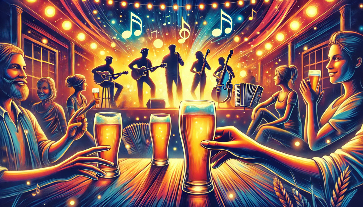 友人たちがビールを片手に乾杯し、背景ではライブバンドが演奏している賑やかなシーン。空中には音符が舞い、温かみのある照明が空間を照らし、ビールと音楽の調和を象徴する活気あふれるイラスト。