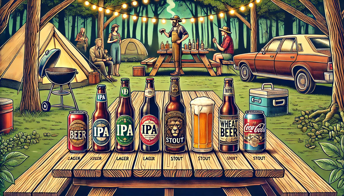 キャンプ場のピクニックテーブルに並ぶ5種類のビールのイラスト。ラガー、IPA、スタウト、ヴァイツェン、クラフトビールが美しく配置され、それぞれ異なるボトルや缶のデザインが特徴的。背景ではBBQグリルで料理が焼かれ、人々がビールを片手に楽しんでいる。キャンプの雰囲気を盛り上げる、多彩なビールの魅力を表現したイラスト。