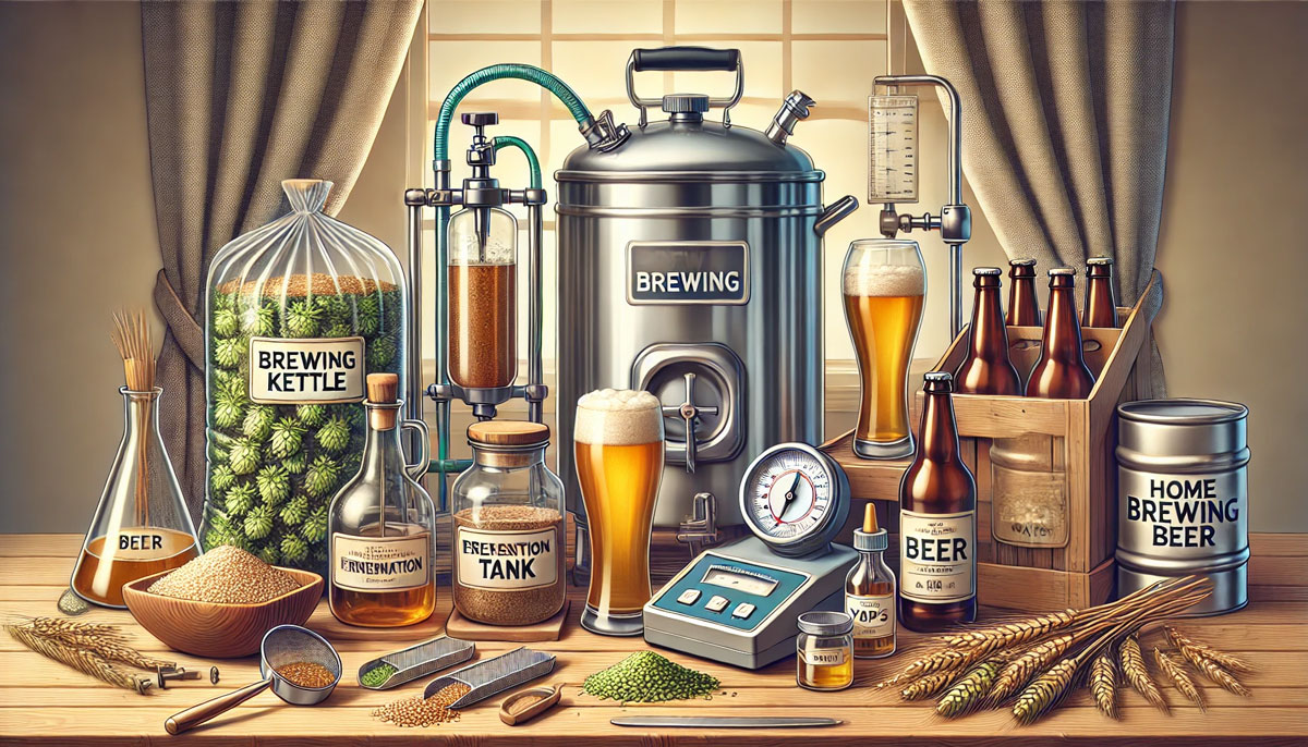 ビール醸造に必要な道具と材料を描いたイラスト。醸造用の鍋、発酵タンク、エアロック、ボトル、計量器具が木製のテーブルに整然と並び、ホップ、モルト、酵母、水などの原料も配置されている。初心者向けの基本セットを強調した温かみのある描写。