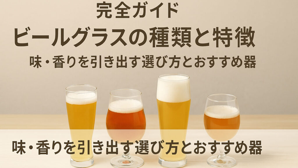 木製テーブルの上に並ぶ4種のビールグラスと日本語の説明テキストが入った優しい雰囲気のナチュラル系アイキャッチ画像。ビールの香りや味を引き出すグラス選びを紹介する内容。
