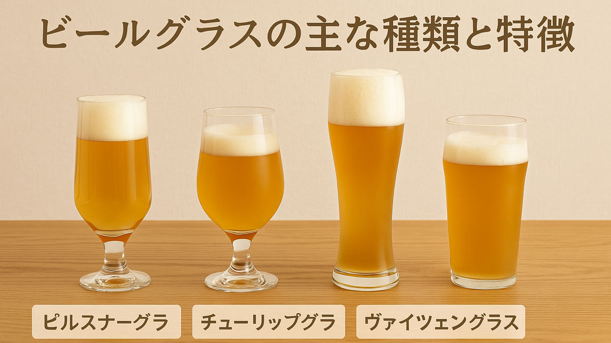4種類のビールグラス（ピルスナー、チューリップ、ヴァイツェン、パイント）が木目のテーブルに並び、日本語ラベルが添えられたナチュラルで優しい雰囲気の説明画像。ビールグラスごとの特徴を視覚的に紹介。