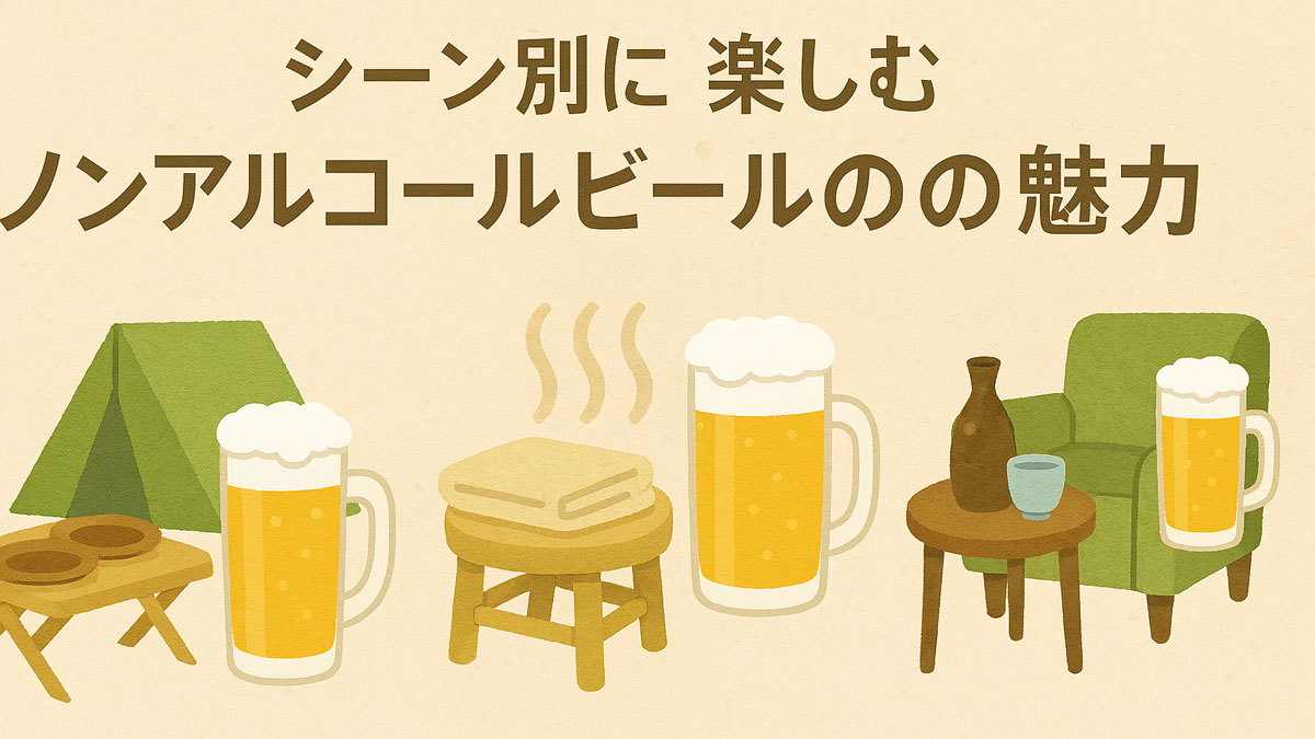 “シーン別に楽しむノンアルコールビールの魅力”という日本語テキストとともに、キャンプ場、温泉後の脱衣所、くつろぎの室内シーンでノンアルビールと日本酒が優しいナチュラル系配色で描かれたイラスト画像。