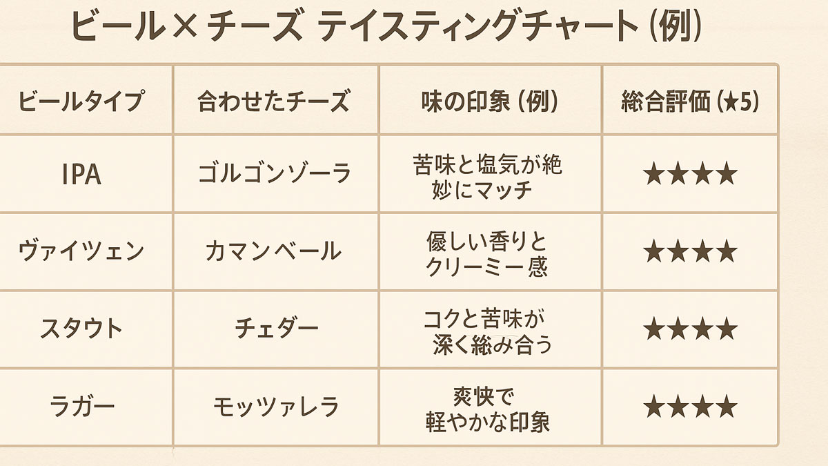 「ビール×チーズ テイスティングチャート（例）」と題した日本語の表で、IPA×ゴルゴンゾーラ、ヴァイツェン×カマンベールなどのペアリングと味の印象、5段階評価を掲載。ナチュラルな背景で優しい雰囲気