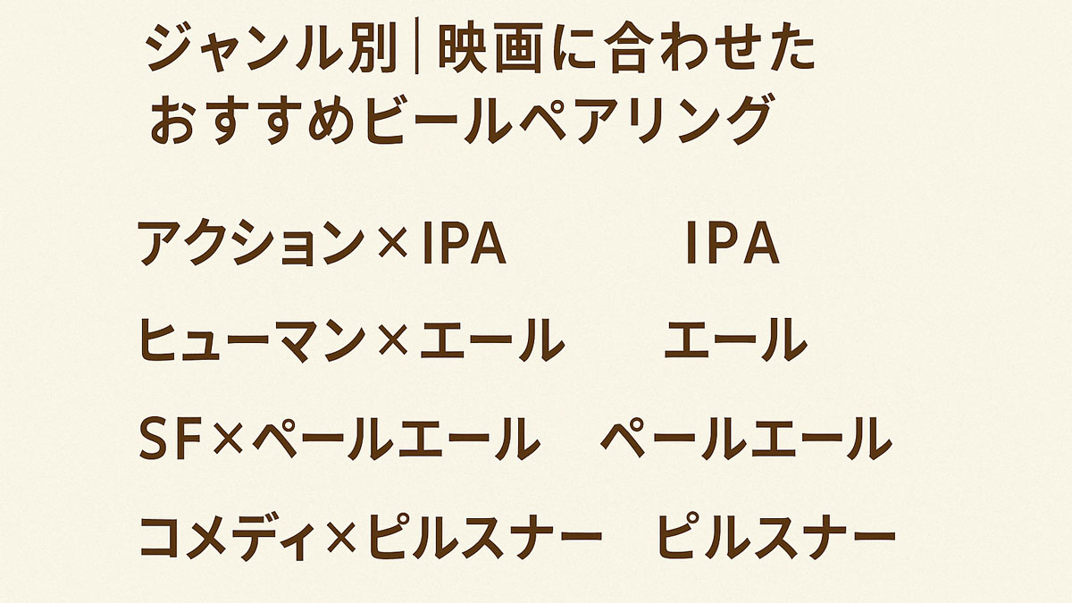 ジャンル別に映画に合わせたビールペアリングを紹介する日本語グラフィック。アクション×IPA、ヒューマン×エールなどの組み合わせがナチュラル配色で表示されている