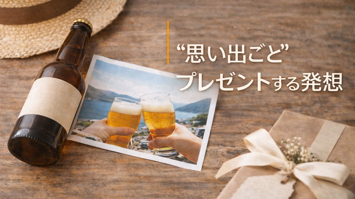 旅先で見つけたクラフトビールと乾杯写真、ギフト包みを並べ、「旅先の一本を贈る “思い出ごと” プレゼントする発想」と書かれた、ナチュラルで優しい雰囲気のイメージ画像