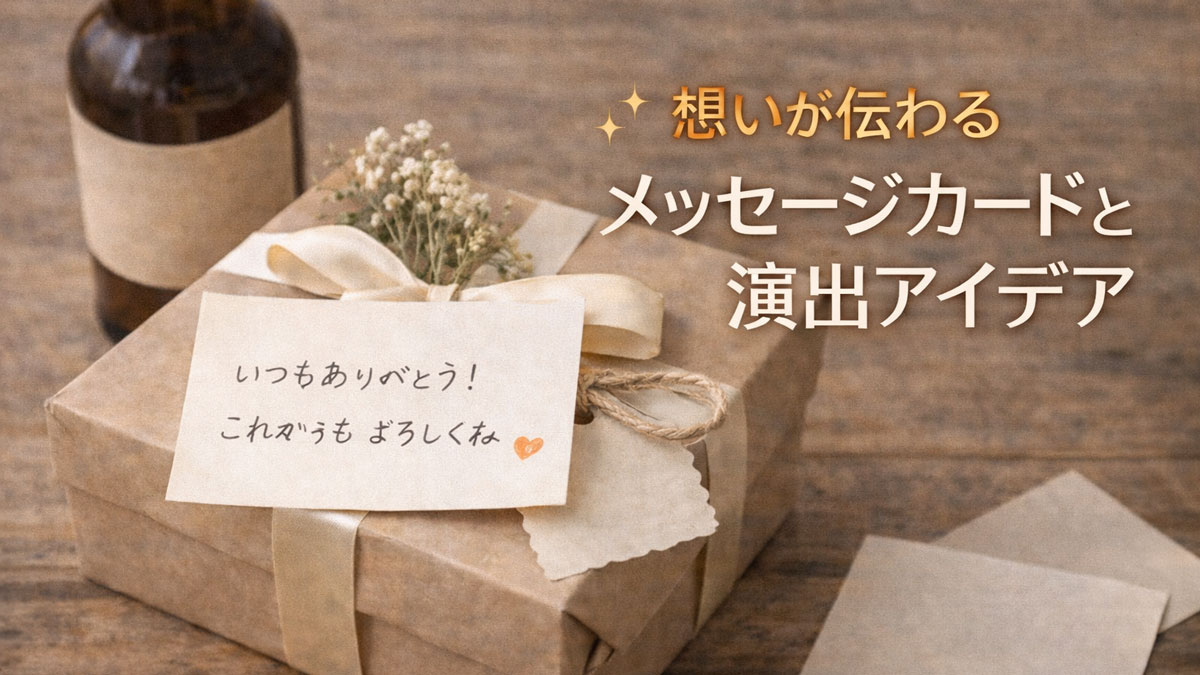 クラフトビールのボトルと、感謝の言葉が書かれたメッセージカードを添えたギフトボックスが並ぶ、「想いが伝わる｜メッセージカードと演出アイデア」と書かれた、ナチュラルで優しい雰囲気のイメージ画像