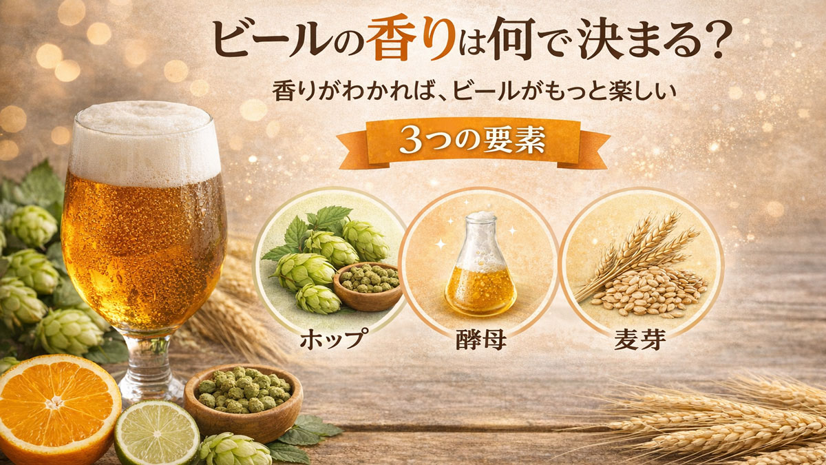 ビールとホップ、酵母、麦芽のイラストとともに「ビールの香りは何で決まる?3つの要素」と書かれた、香りの決め手をわかりやすく示すナチュラルな雰囲気の画像