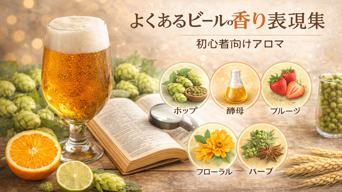 ビールグラスと辞書を背景に、ホップやフルーツ、フローラル、ハーブなど香り表現のイラストと「よくあるビールの香り表現集|初心者向けアロマ辞典」と書かれた優しい雰囲気の画像