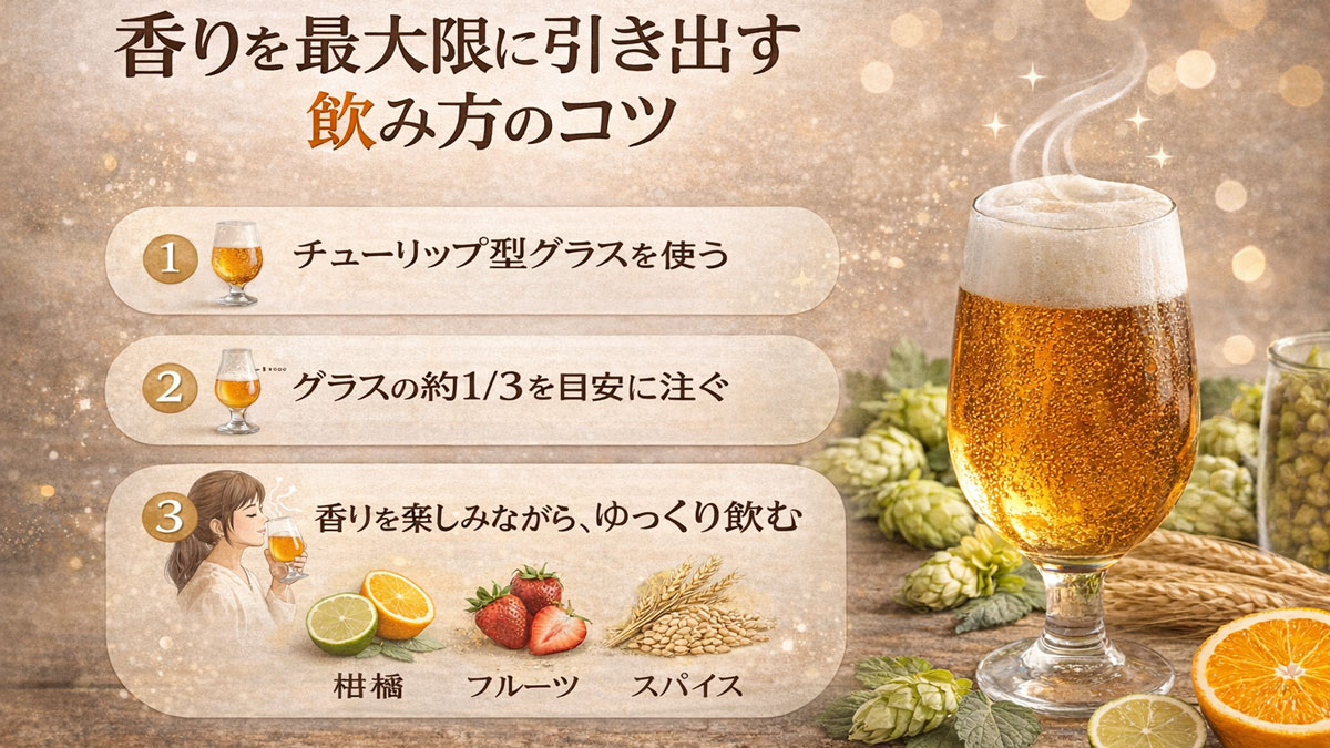 チューリップ型グラスのビールとホップや柑橘を背景に、「香りを最大限に引き出す飲み方のコツ」と3つのポイントを紹介する、ナチュラルで優しい雰囲気の解説イメージ画像