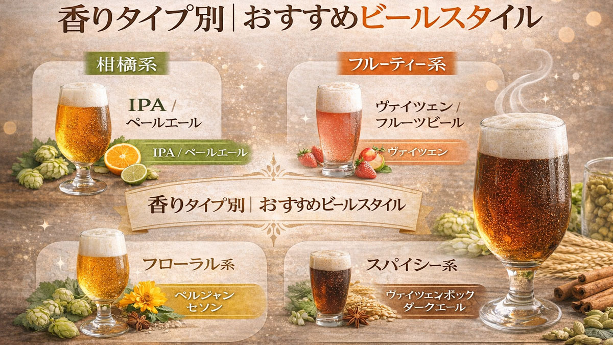柑橘系・フルーティ系・フローラル系・スパイシー系の香り別に、IPAやヴァイツェンなどおすすめビールスタイルを紹介した、ナチュラルで優しい雰囲気のインフォグラフィック画像
