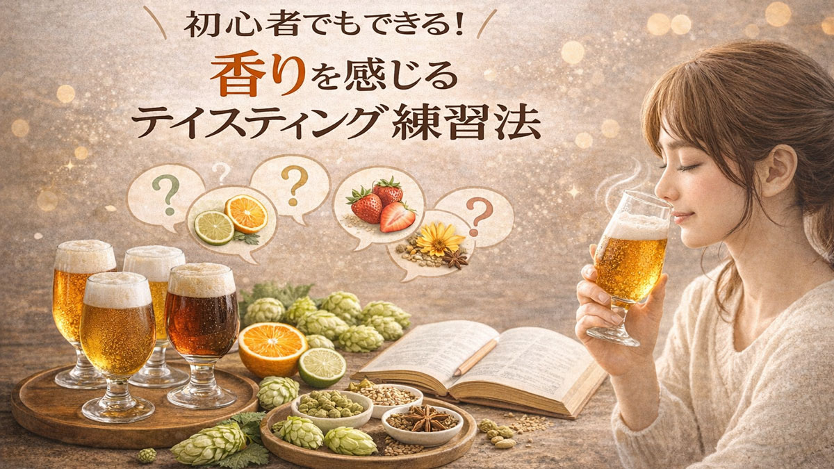 チューリップグラスのビールの香りを確かめる初心者の女性と、ホップや柑橘、スパイスを並べた「初心者でもできる!香りを感じるテイスティング練習法」と書かれた、優しい雰囲気のイメージ画像
