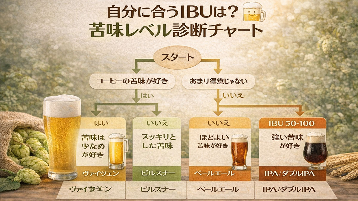 ビールの苦味の好みから自分に合うIBU帯を診断できるフローチャート形式のインフォグラフィック画像