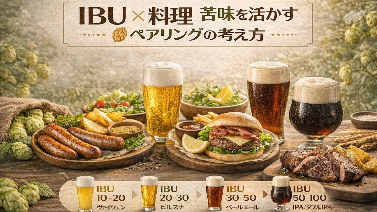 低IBUから高IBUまでのビールと、揚げ物や肉料理などの料理を組み合わせて、苦味を活かすペアリングを紹介したイメージ画像